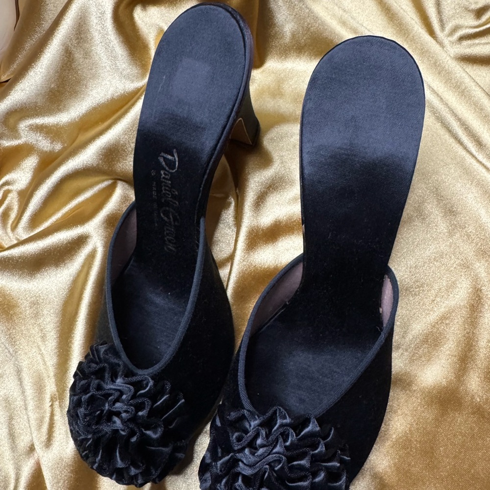 Daniel Green, Vintage Satin Rosette Heels, 1950s. 9” length, Narrow width